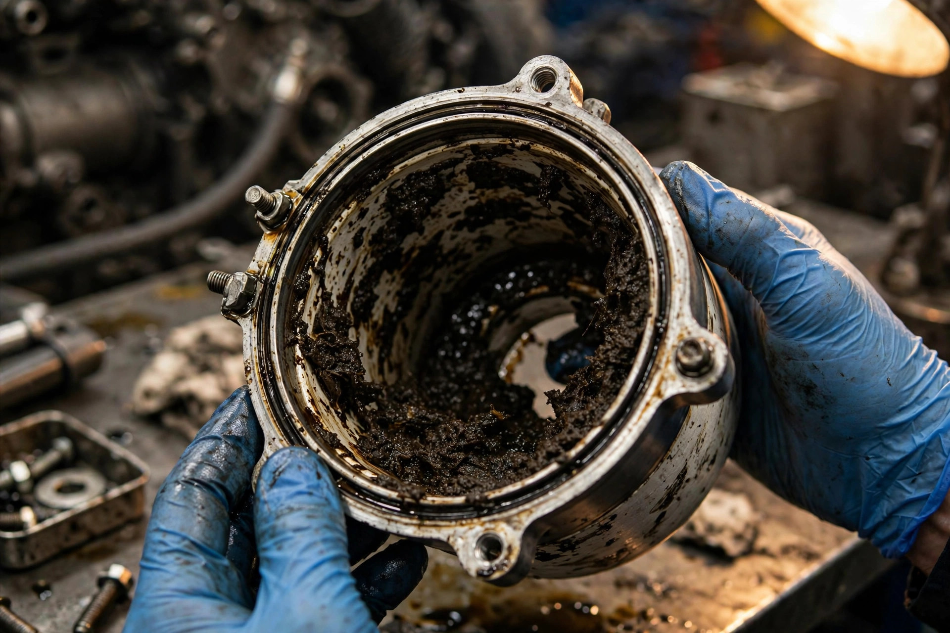 Microbial sludge contamination inside a diesel generator fuel filter housing
