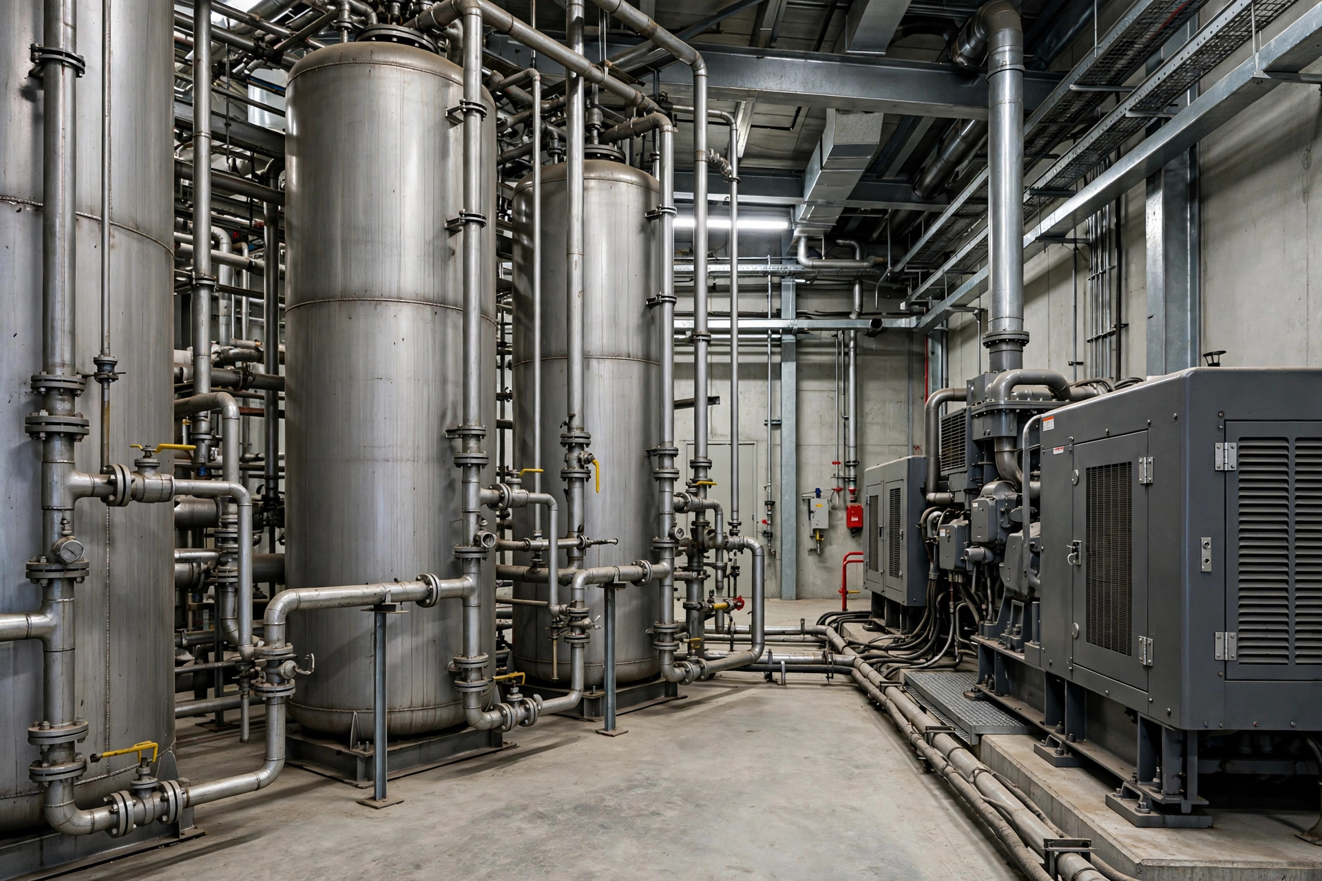 Diesel fuel storage tanks beside industrial standby generators in a plant room.