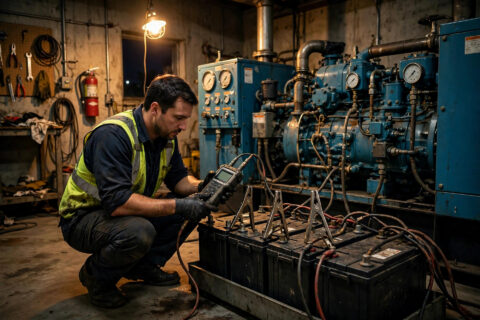 Field engineer testing a standby diesel generator's cranking battery with a handheld load tester during a nighttime service call