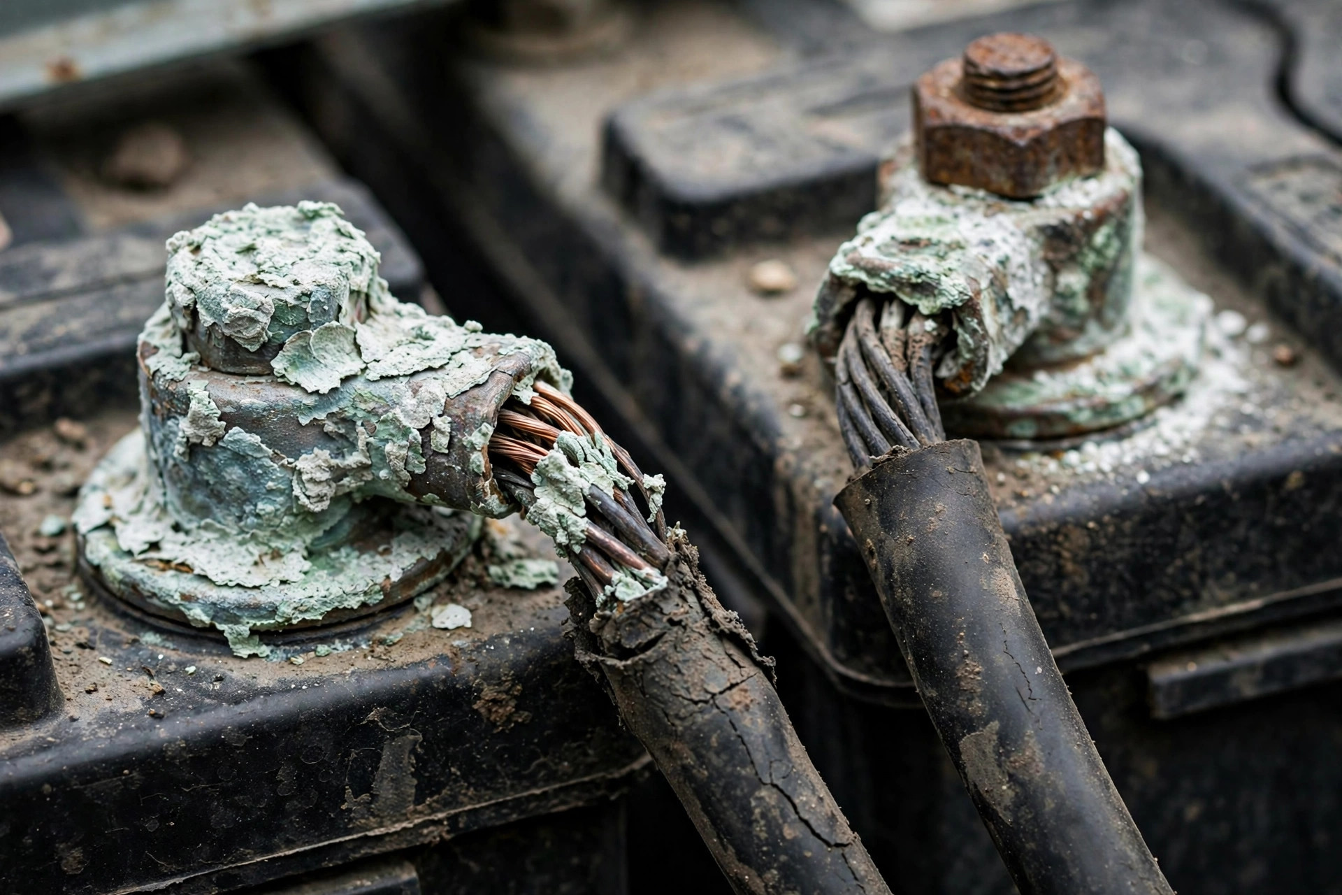 Corroded battery terminals and cable ends on a standby diesel generator's starting battery