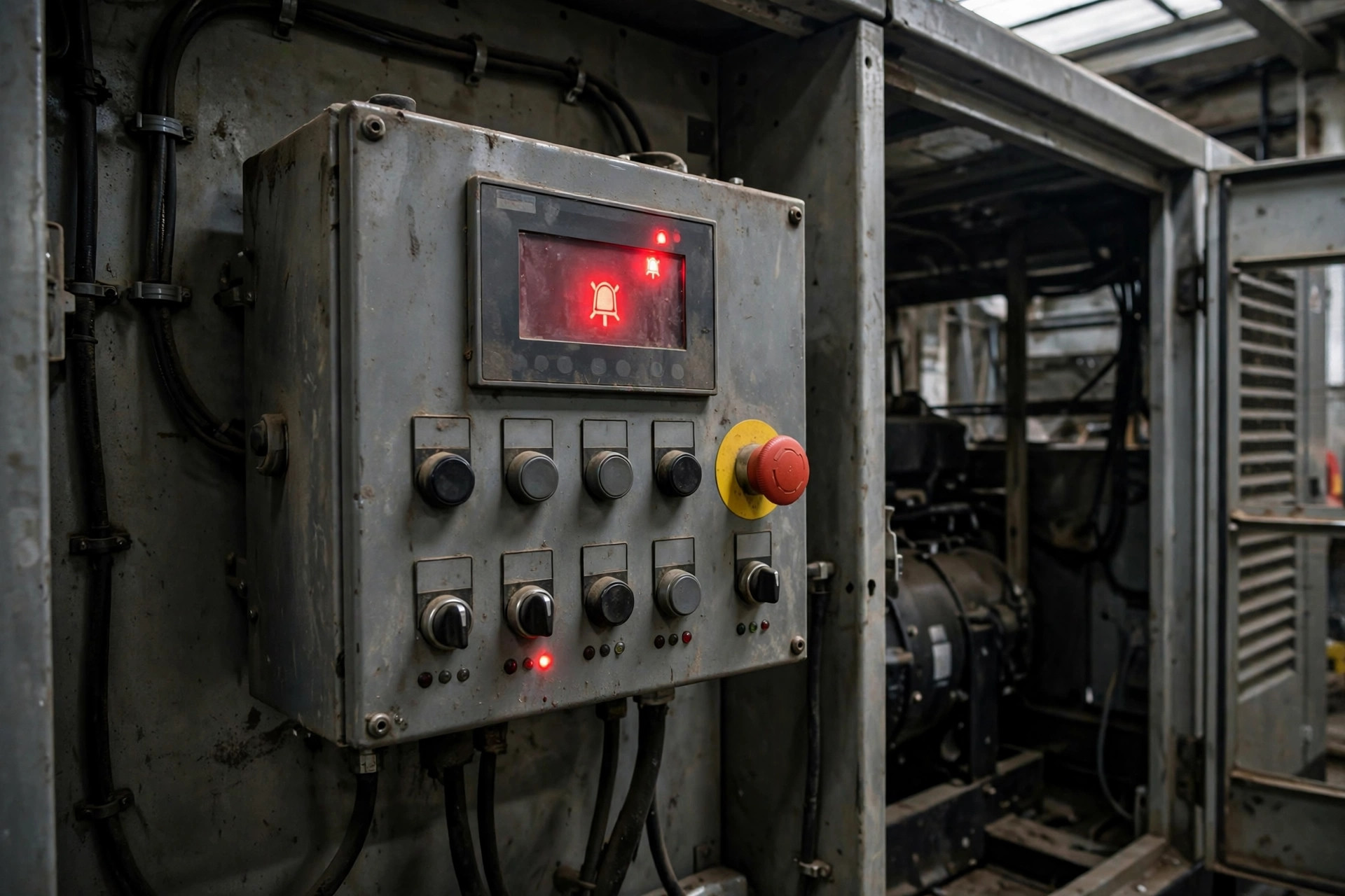 Diesel generator control panel showing fault alarms after a failed automatic start