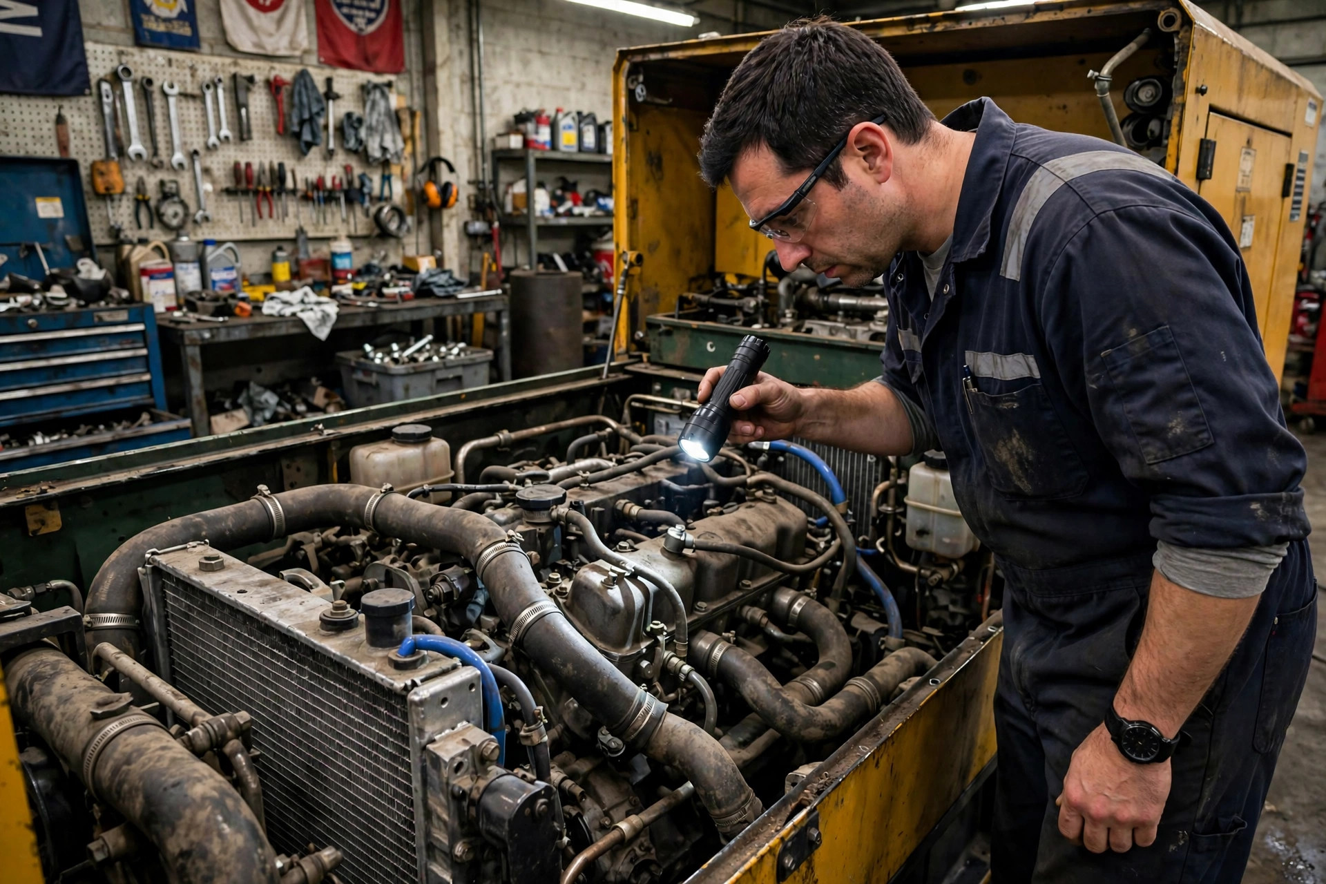 Technician inspecting diesel generator radiator and coolant hoses