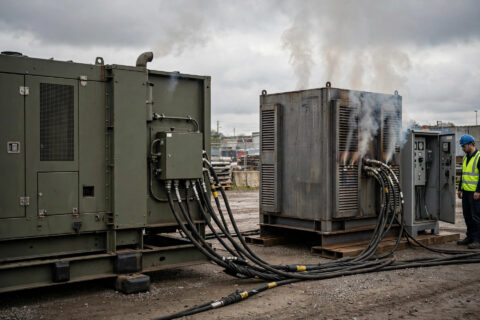 Diesel generator connected to a load bank during load testing