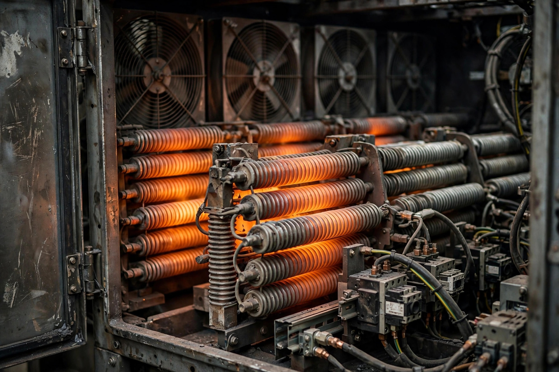 Resistive load bank heating elements glowing during a generator load test