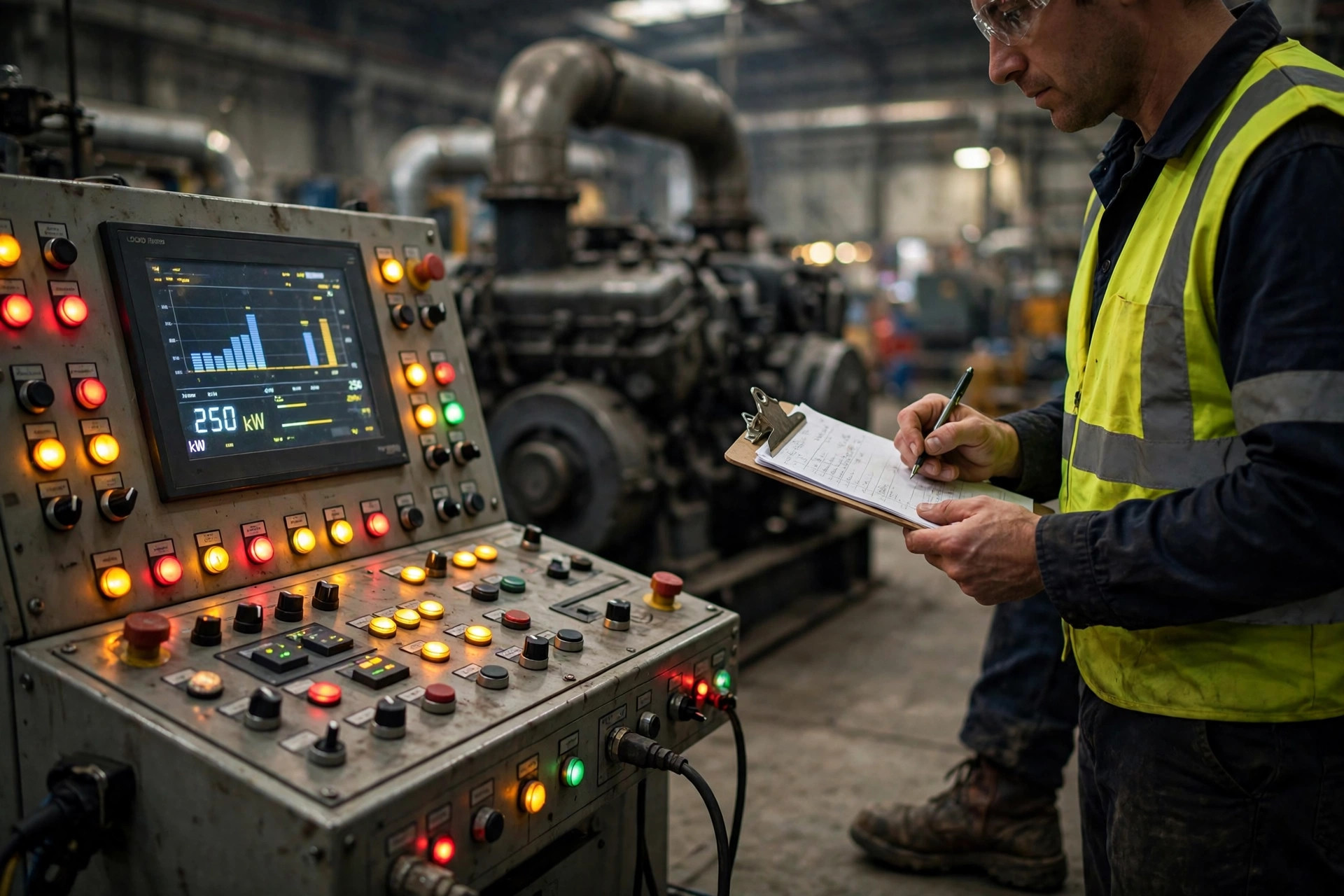 Technician recording kW readings at a load bank control panel during generator testing