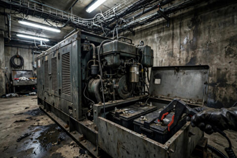 Field engineer connecting a battery charger to diesel generator starting batteries — generator battery maintenance
