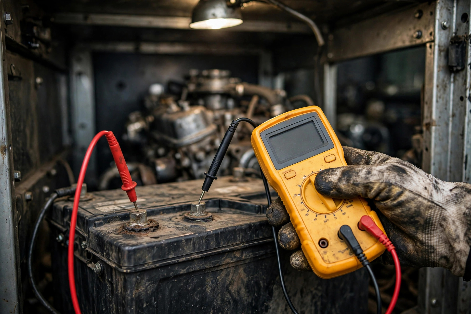Testing standby generator battery voltage with a multimeter during generator battery maintenance