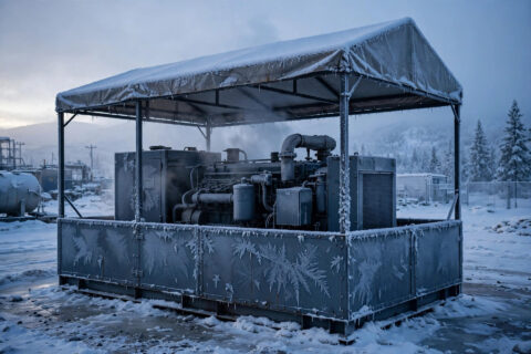 Diesel generator in a snowy industrial site on a freezing winter morning