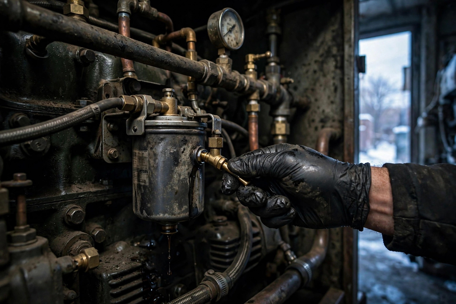 Technician checking a diesel generator fuel filter in a cold equipment room