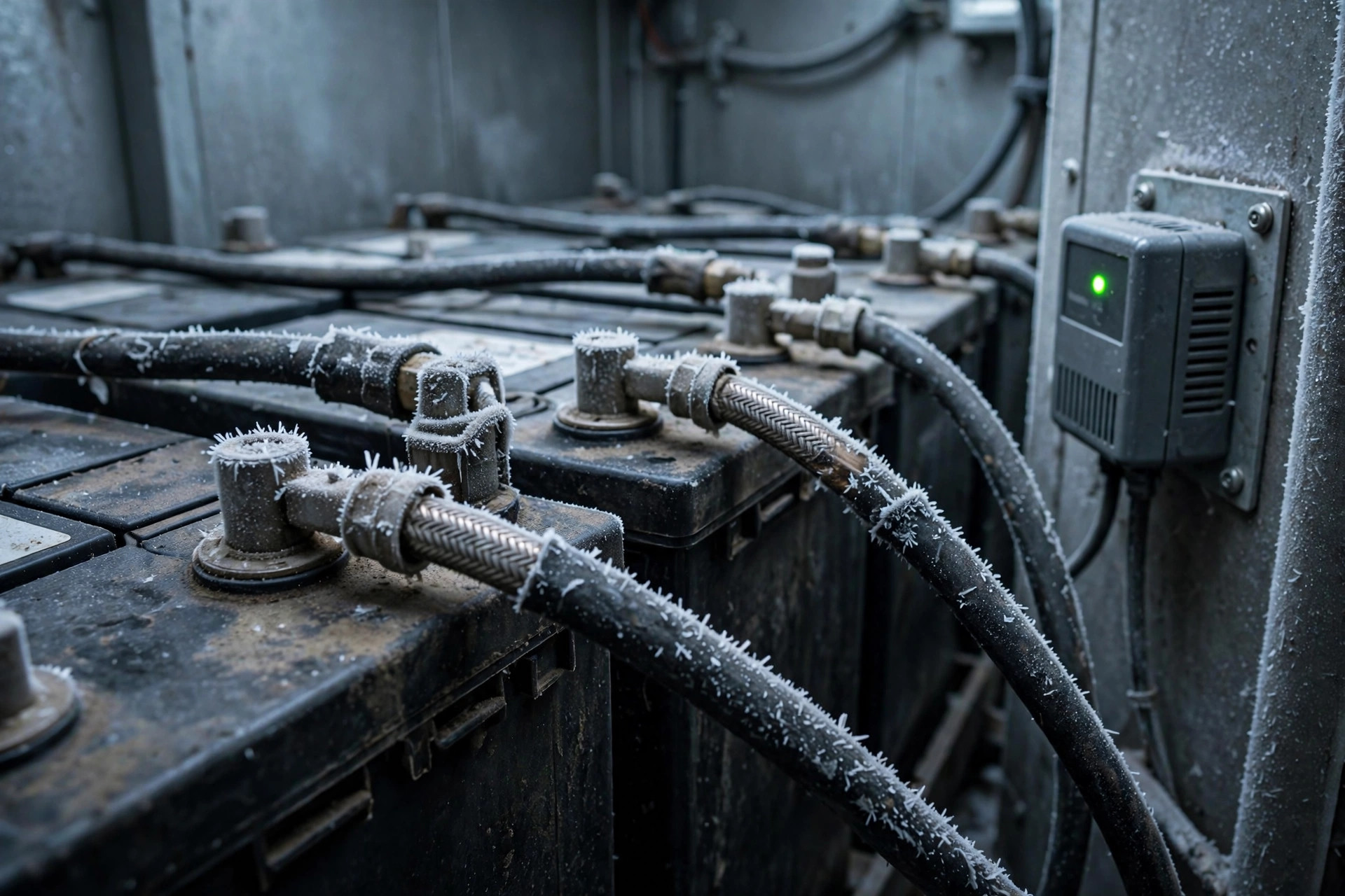 Frosted battery terminals inside a diesel generator enclosure in winter