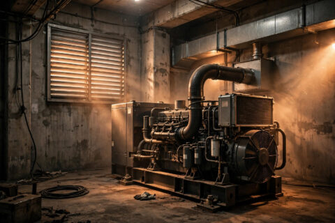 Industrial diesel generator inside a ventilated concrete generator room with wall louvers