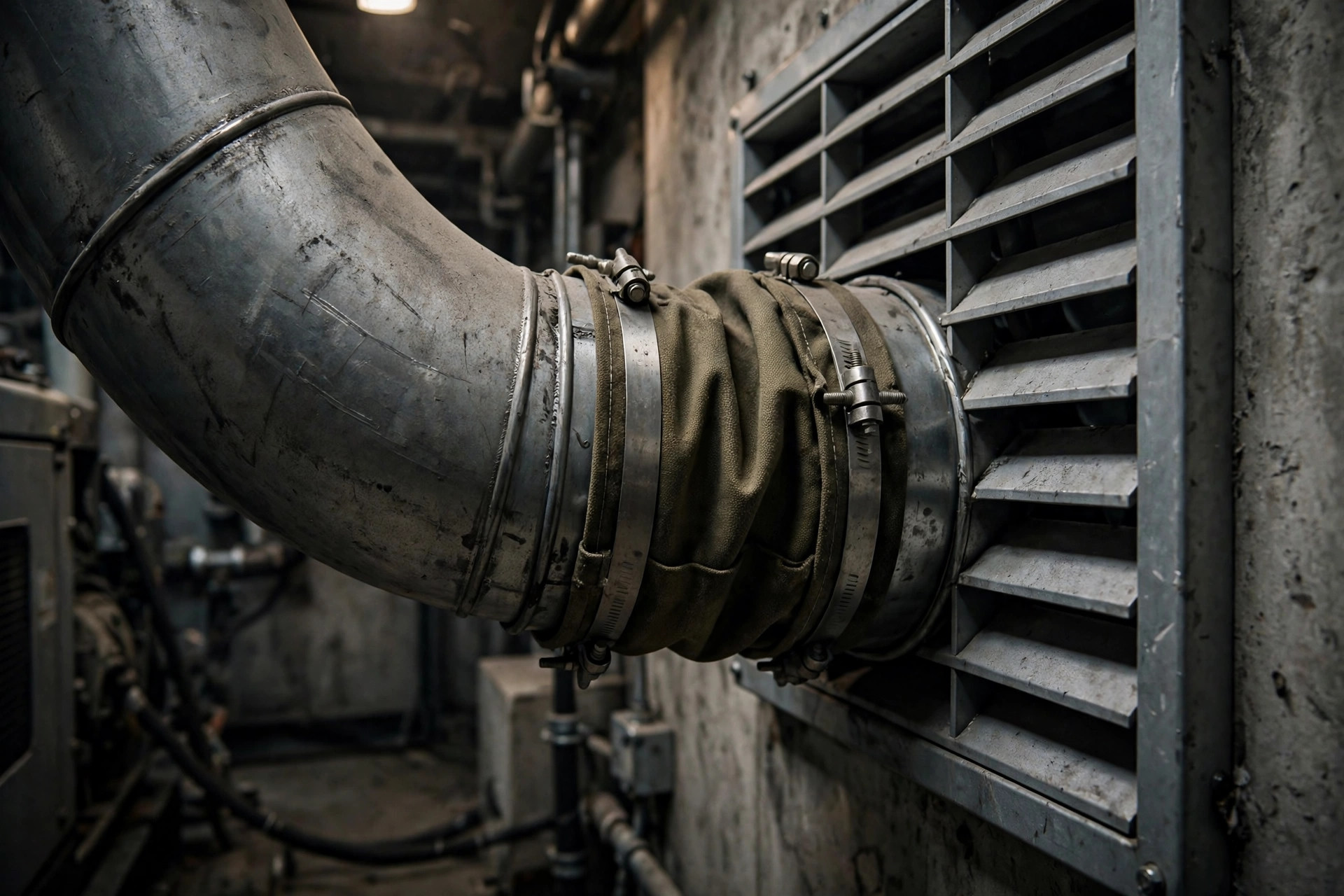 Radiator discharge duct with flexible canvas boot connecting a diesel generator to the exhaust louver