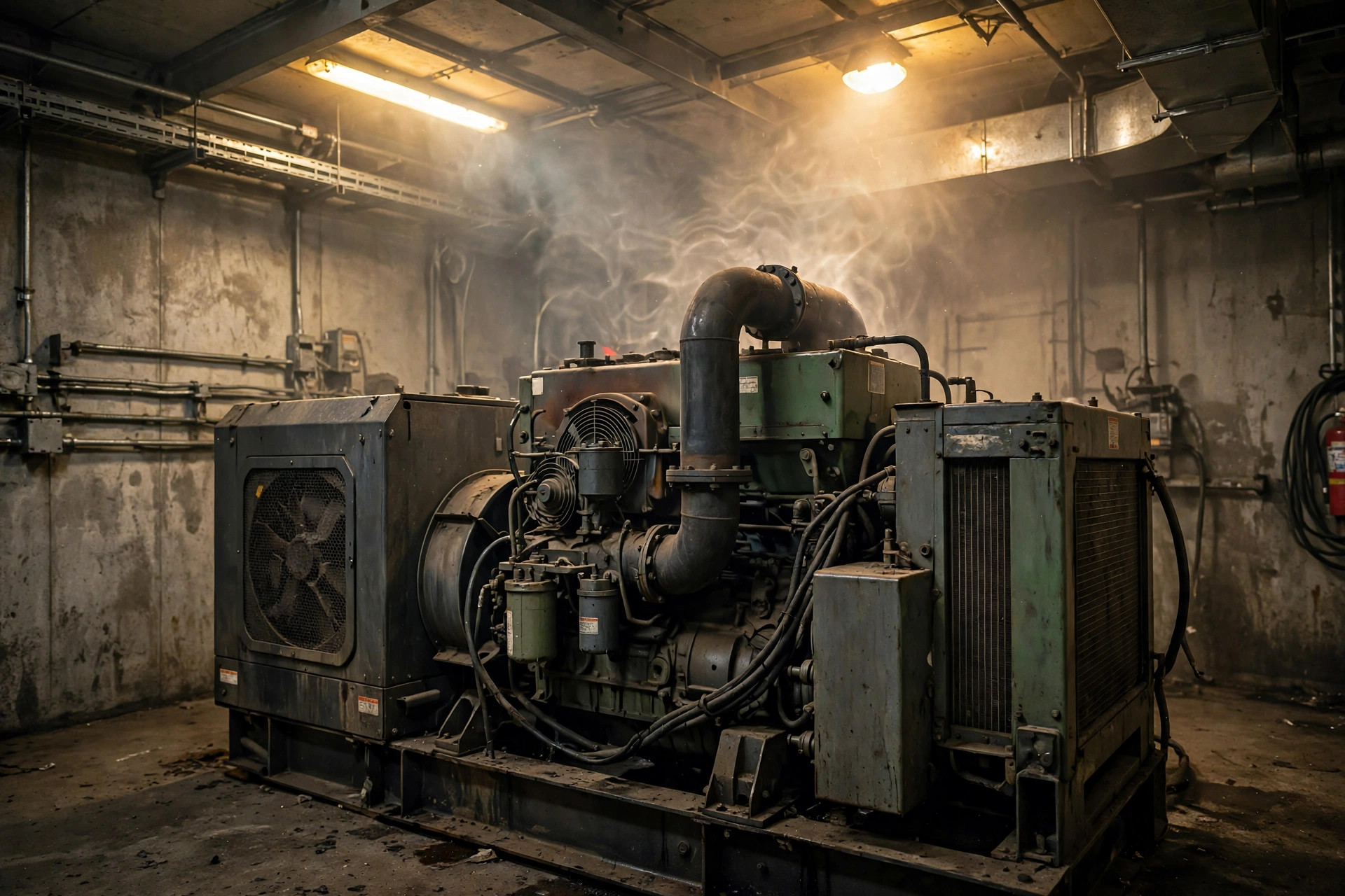 Heat waves rising above a running diesel generator inside an enclosed generator room