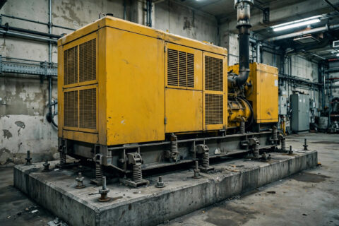 Diesel generator set on a concrete foundation pad with anti-vibration spring mounts inside a machine room