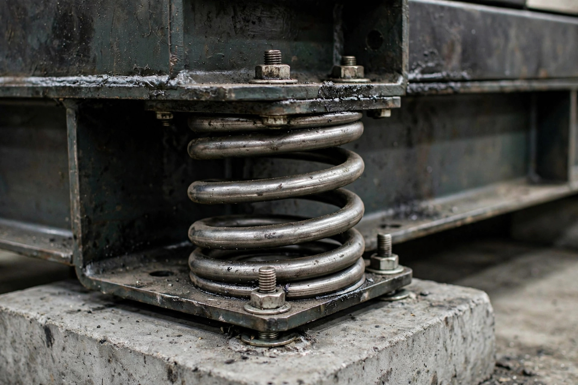 Close-up of steel spring anti-vibration mounts between a diesel generator skid and its concrete pad