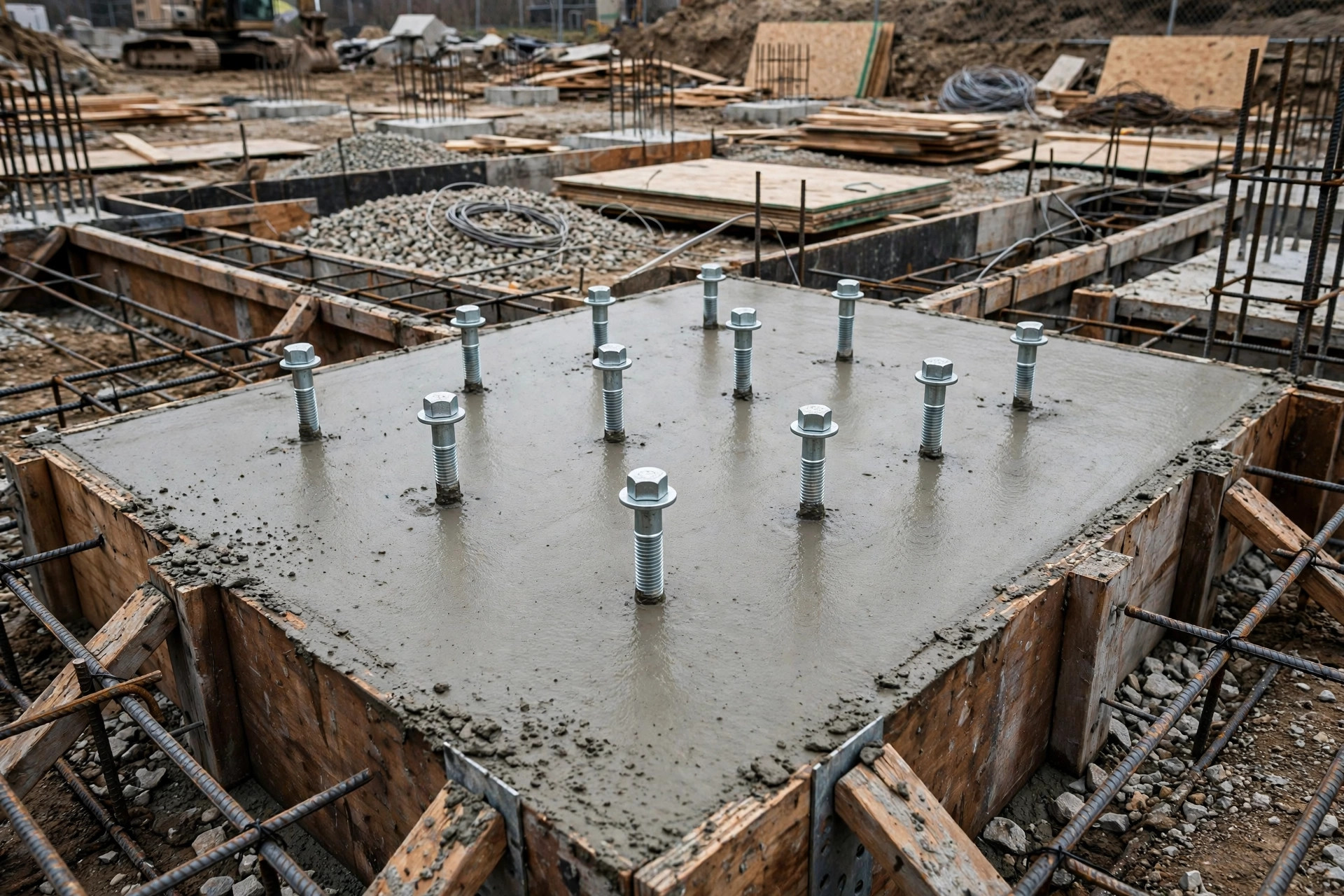 Freshly poured concrete foundation pad with anchor bolts ready for a diesel generator installation