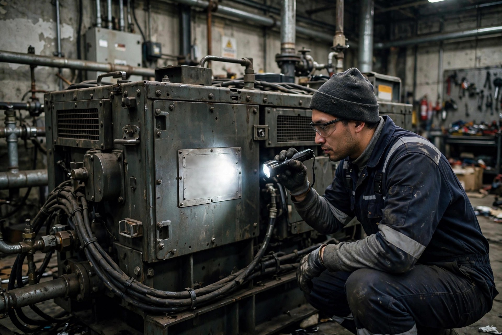 Technician inspecting a diesel generator nameplate at an industrial site