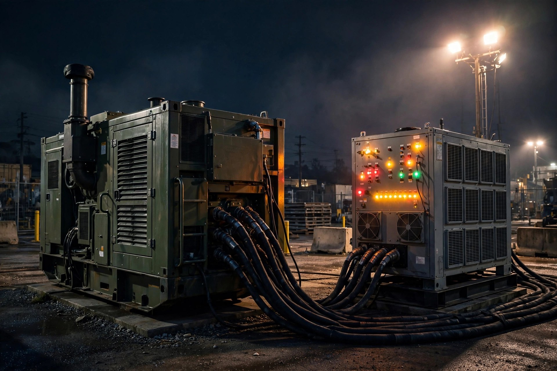 Diesel generator undergoing load bank testing at night