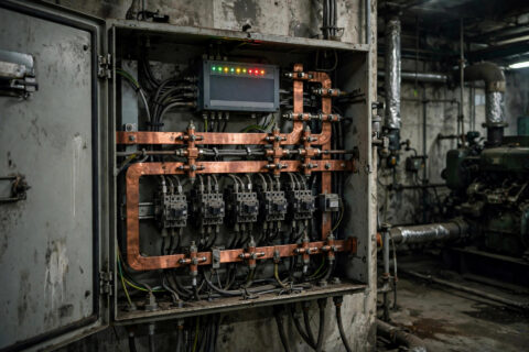 Open automatic transfer switch cabinet on a generator plant-room wall showing copper busbars and power contactors