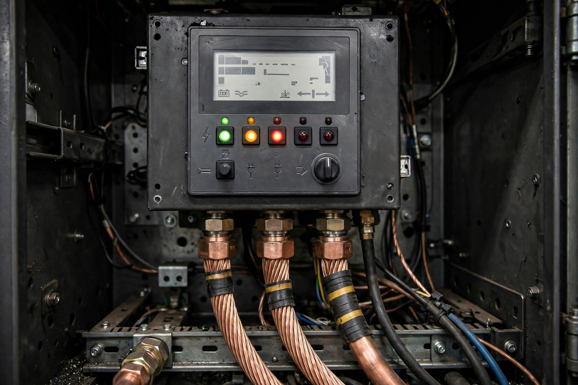 ATS digital controller with status LEDs inside a diesel generator control cabinet