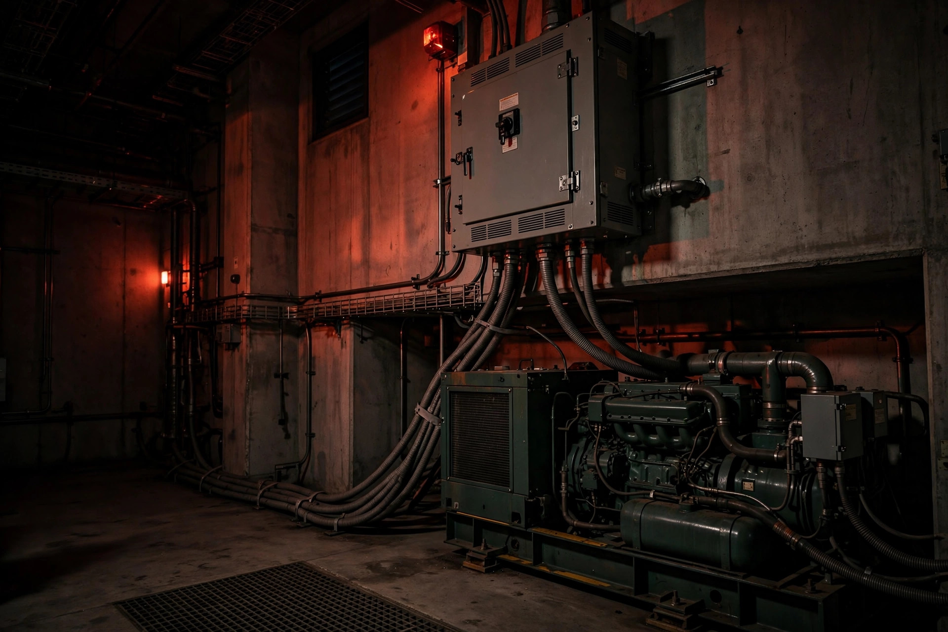 Large transfer switch cabinet in an emergency-lit diesel generator room at night