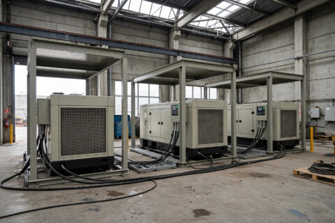 Three diesel generators running in parallel in a factory test hall