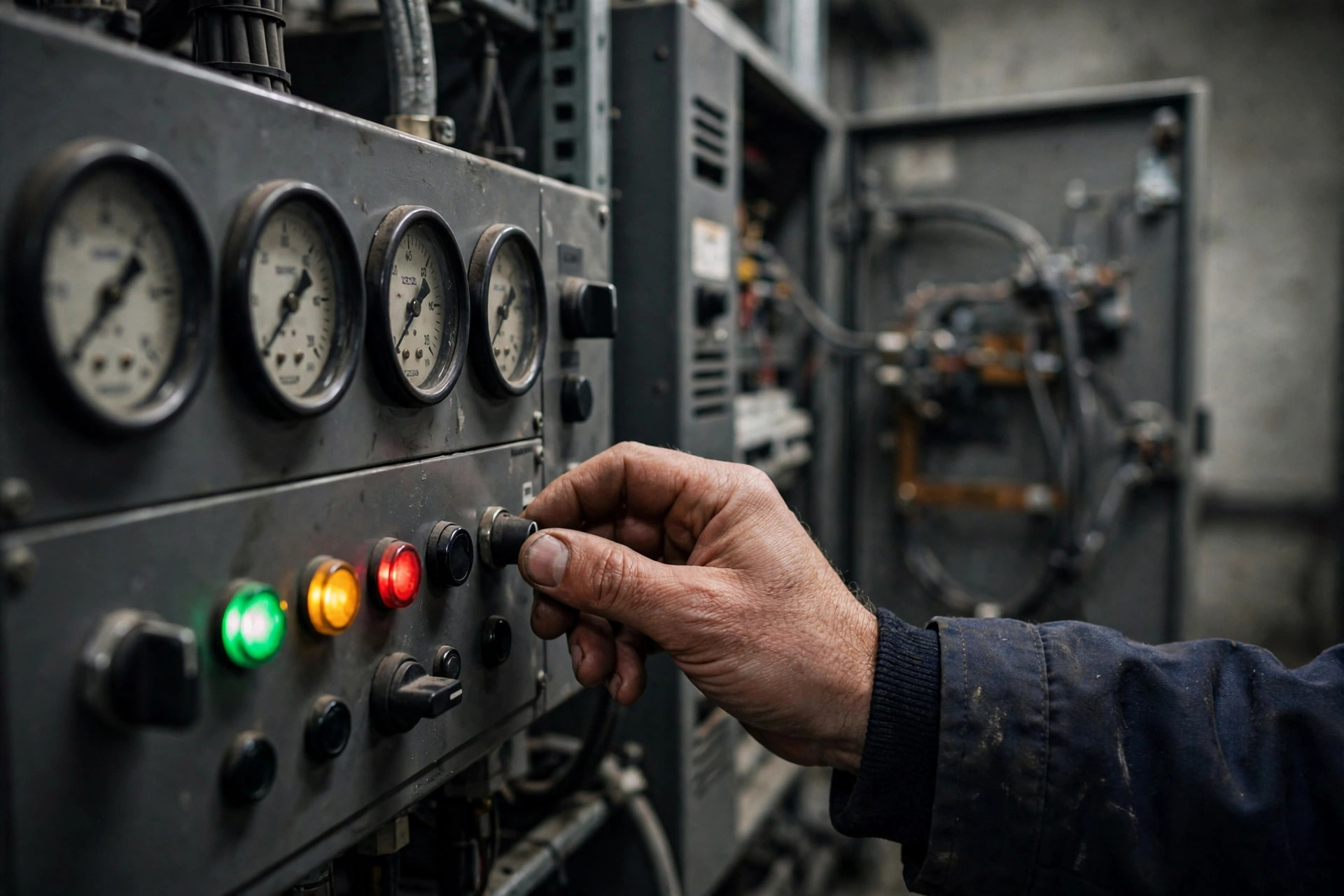 Technician checking diesel generator paralleling control panel and synchronizing switchgear