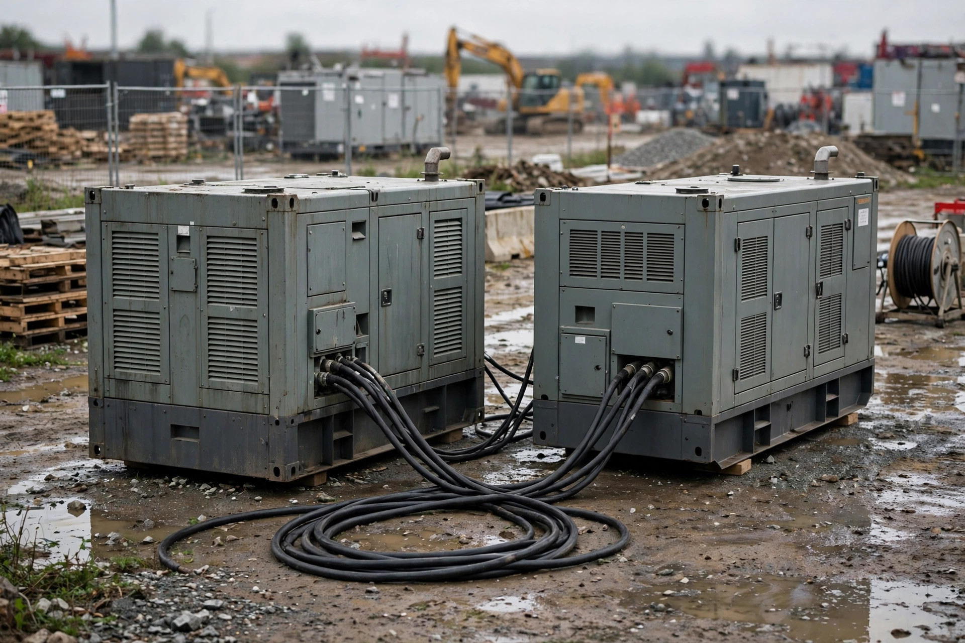 Two containerized sets running in parallel at a site power yard — note the paralleling cable run between them.