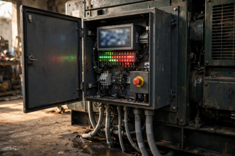Close-up of a diesel generator controller module inside an open control cabinet — indicator lights, emergency stop button and wiring, documentary industrial photography