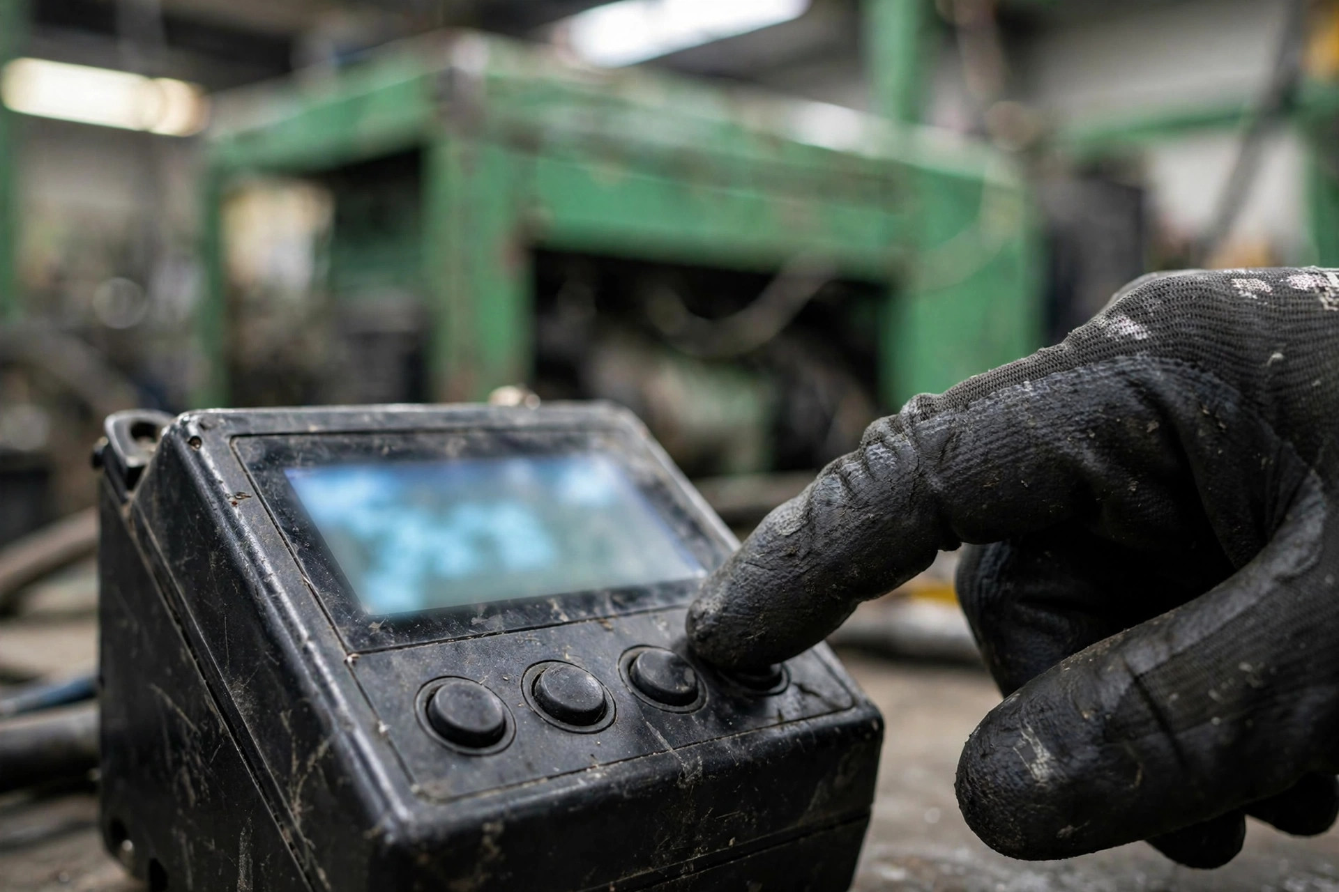 Technician's gloved hand pressing buttons on a genset controller module during a field test