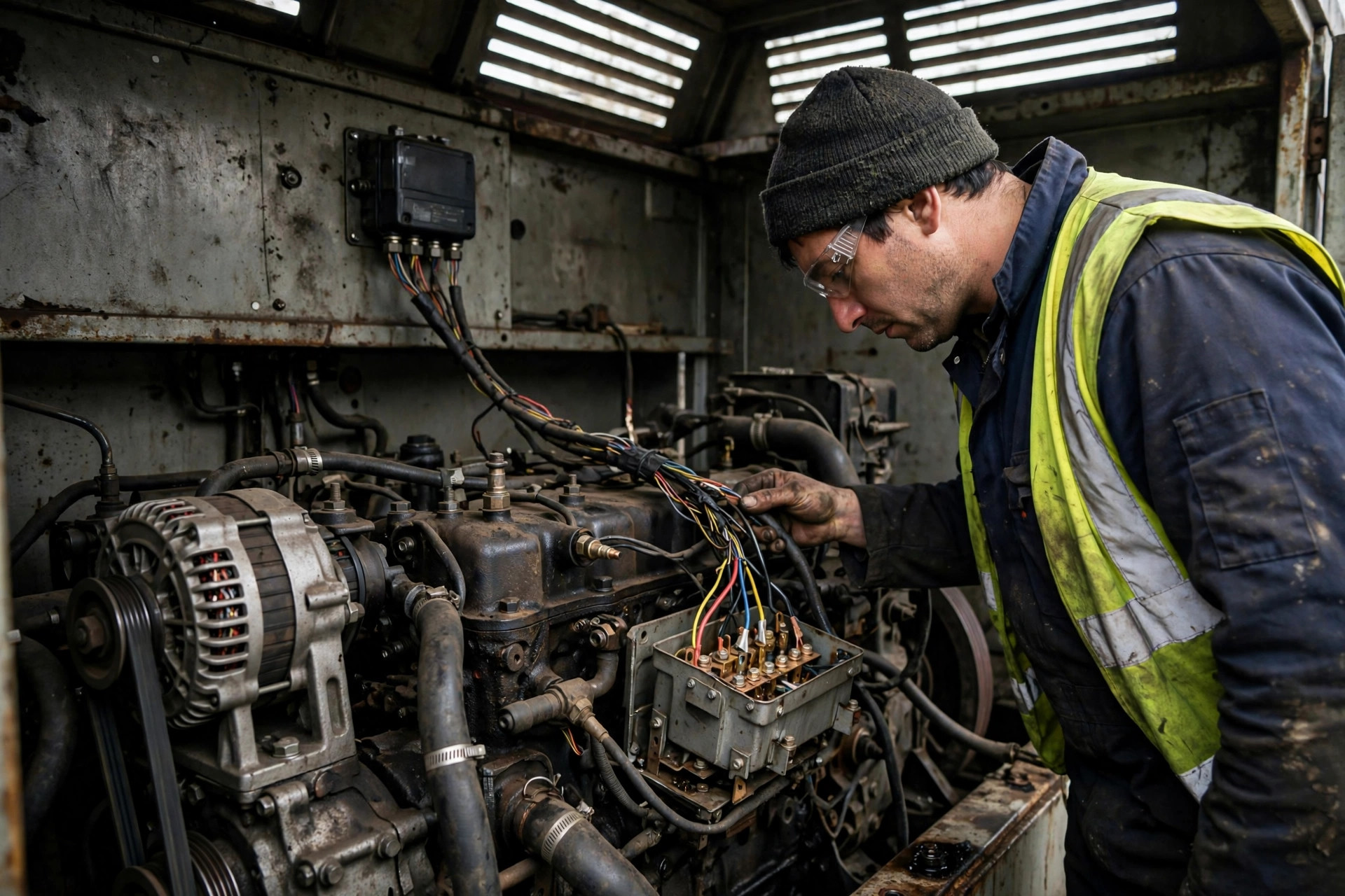 Wiring bundle running from a diesel generator controller to the engine terminal box