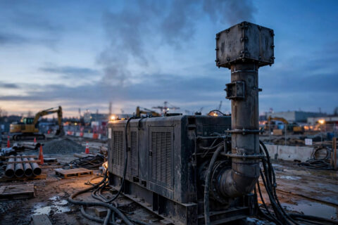 Diesel generator exhaust stack and aftertreatment housing on a construction site at dusk — documentary industrial photography