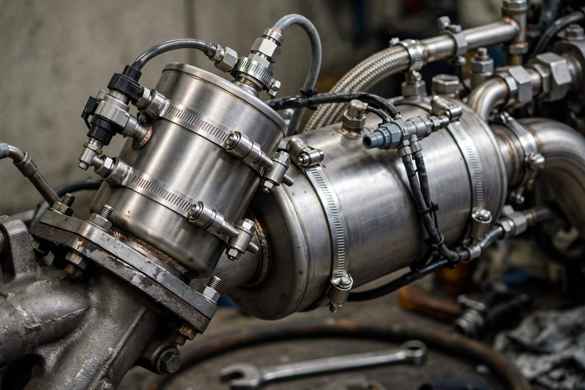 Close-up of a diesel particulate filter and SCR catalyst unit bolted to a generator exhaust