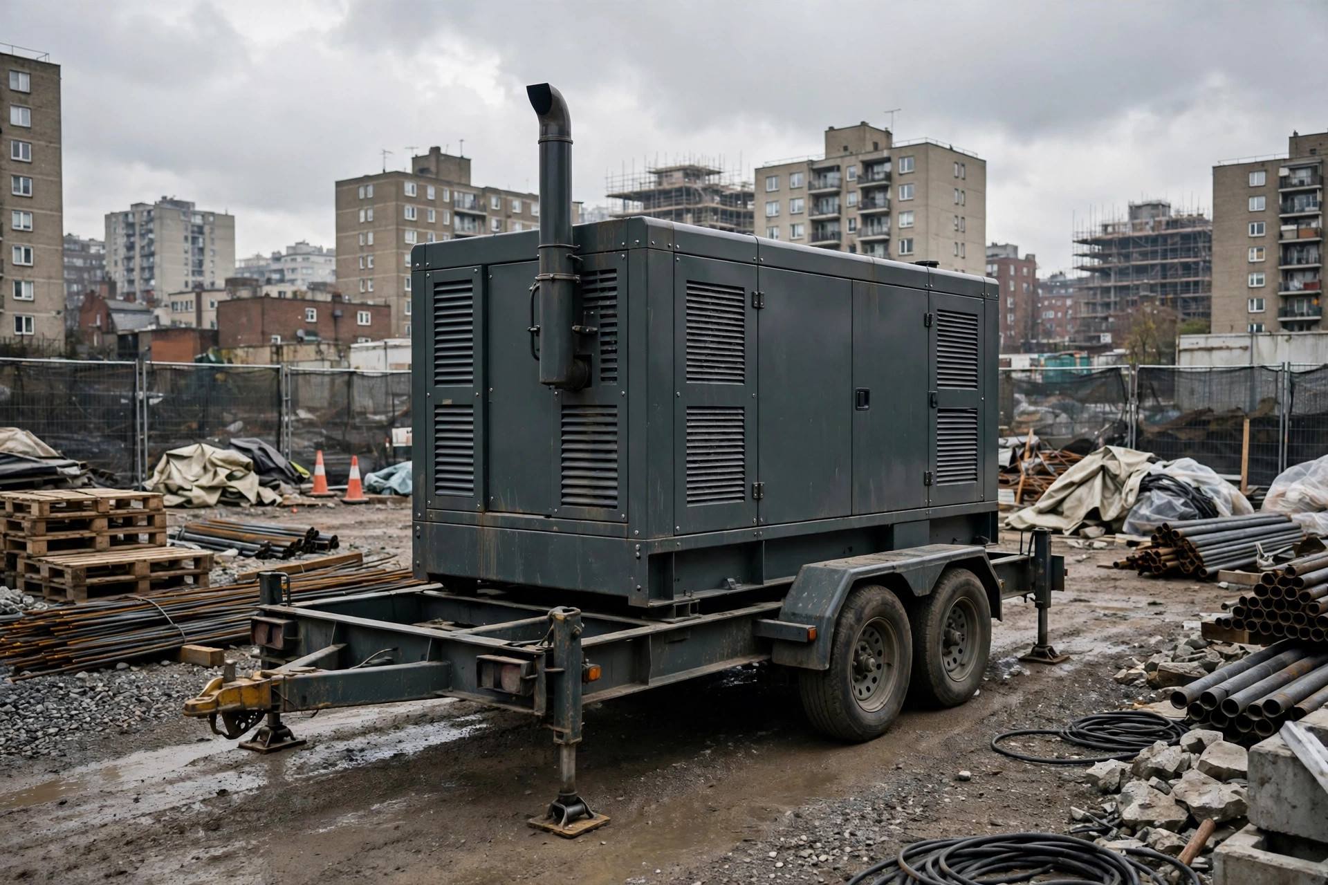 Trailer-mounted diesel generator on an urban construction site with city buildings behind