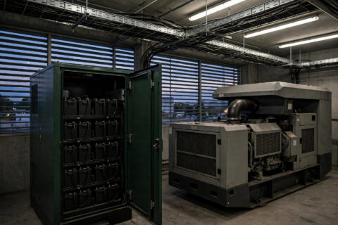 Diesel generator set standing next to a battery cabinet and UPS equipment in a generator room at dusk — documentary industrial photography