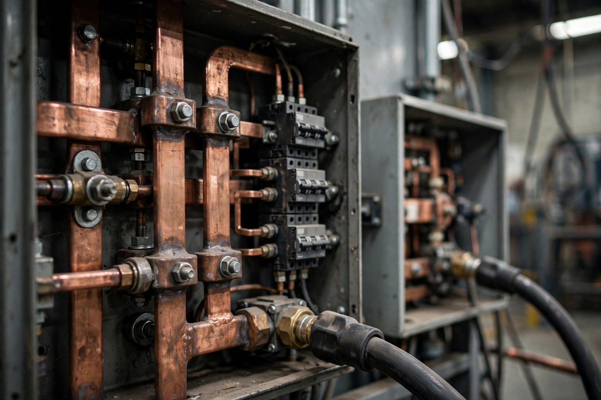 Close-up of electrical panel with copper busbars and breaker connections feeding a transfer switch — documentary industrial photography