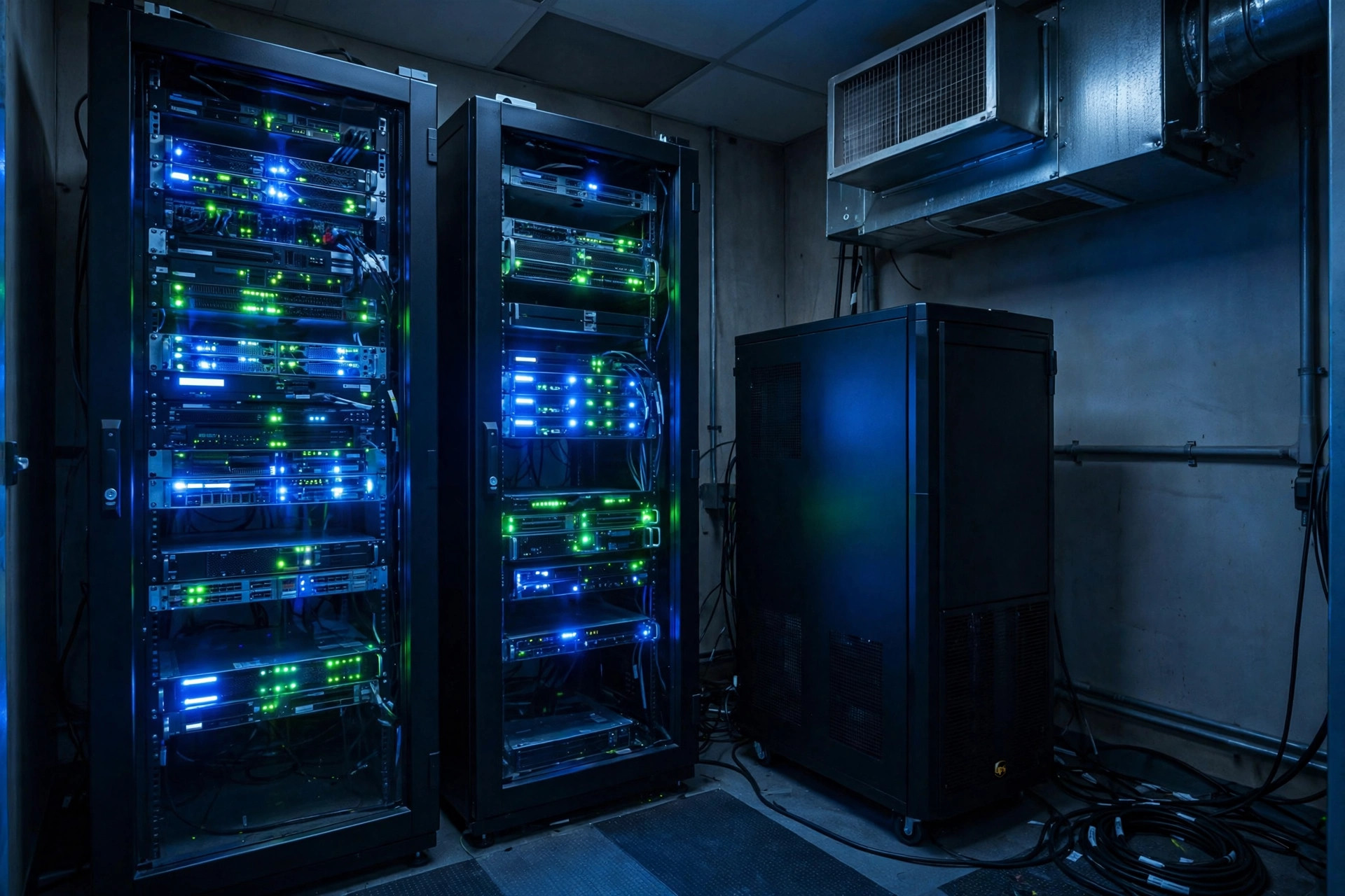 Server room racks with a UPS tower cabinet providing backup power — documentary industrial photography