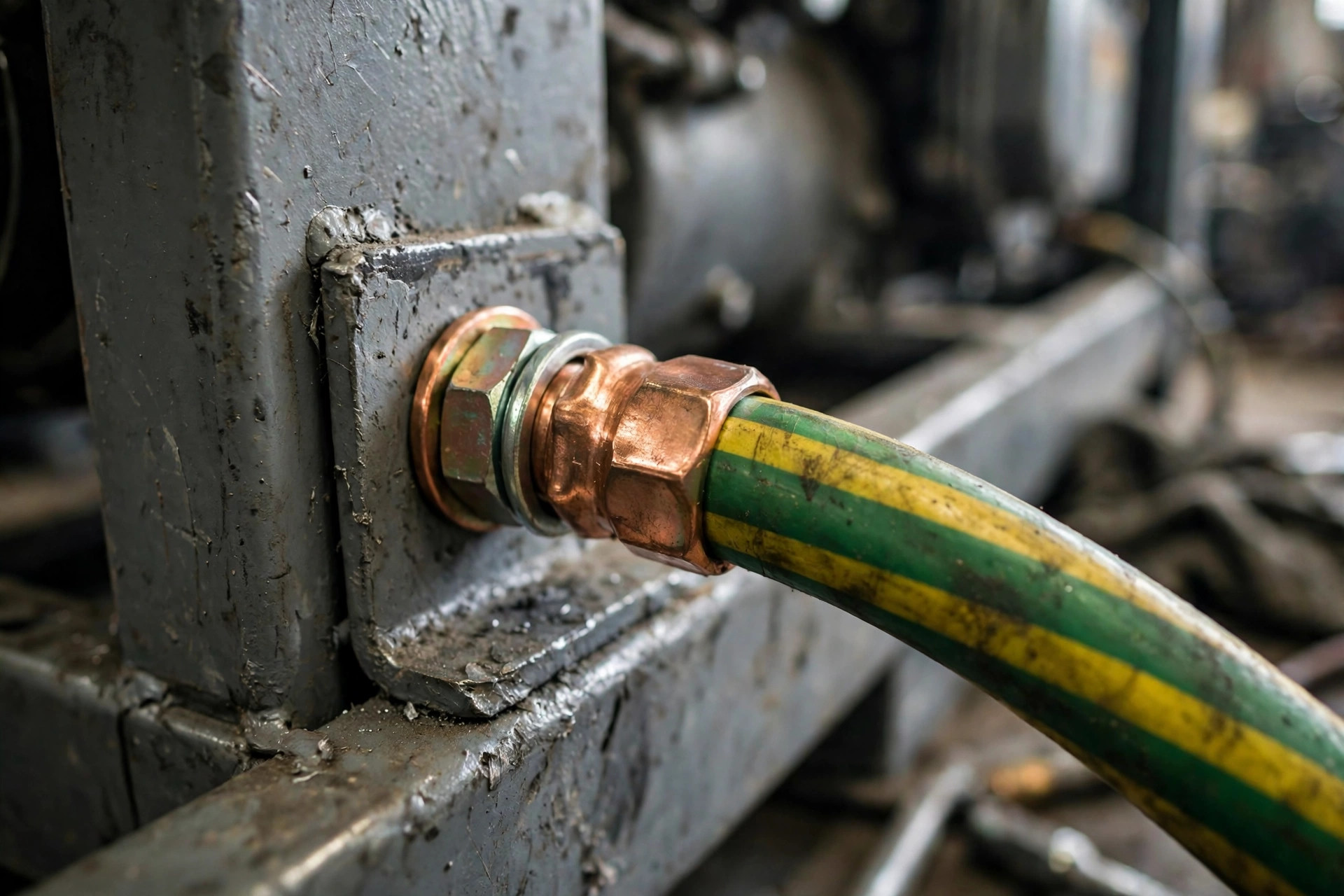 Close-up of thick green-yellow grounding cable connected to a copper lug on a diesel generator frame — documentary industrial photography