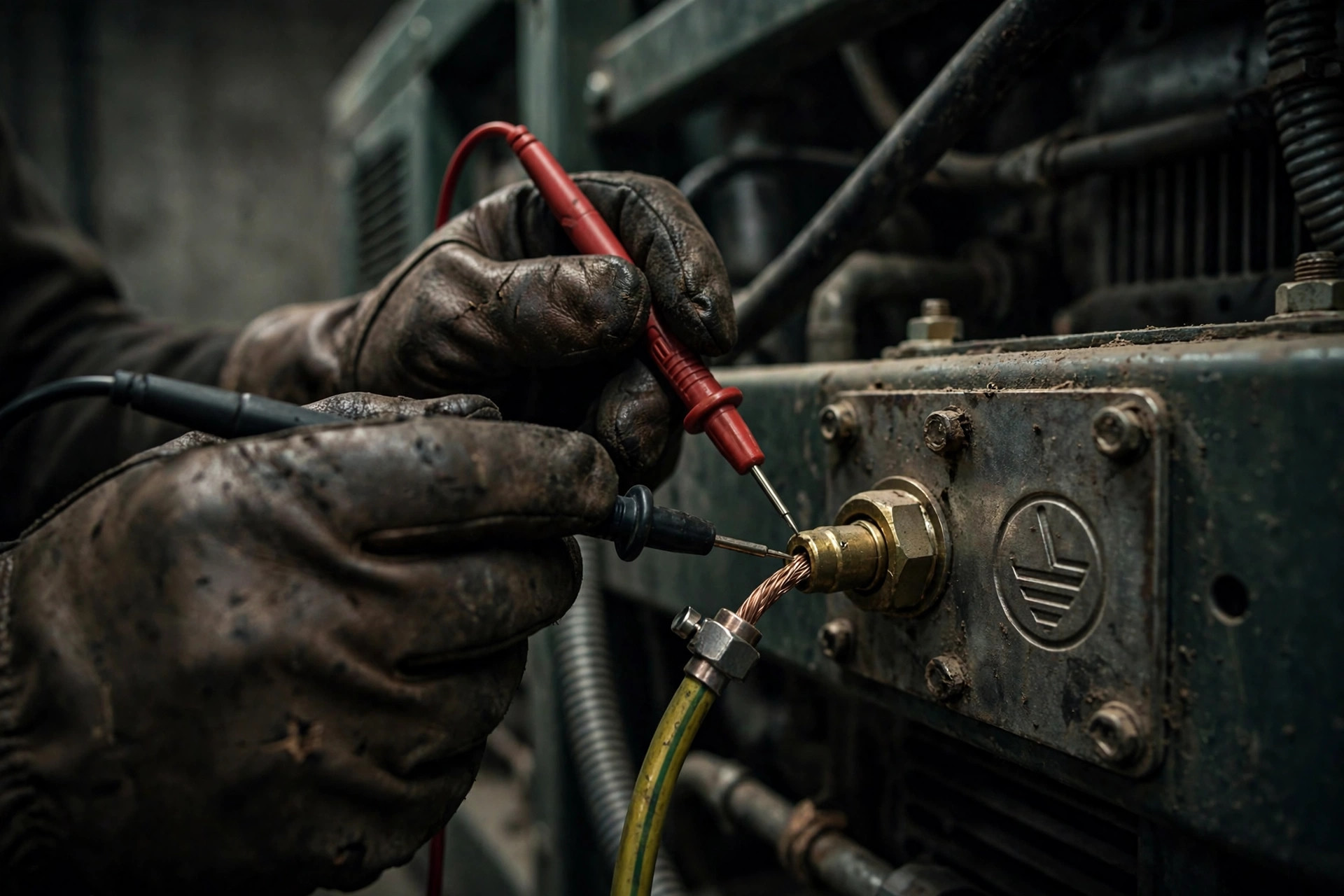 Electrician's hands holding multimeter probes against a generator chassis earth terminal in a generator room — documentary industrial photography