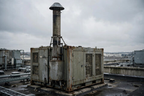 Containerized industrial diesel generator on a rooftop with a tall vertical exhaust stack topped by a rain cap — documentary industrial photography