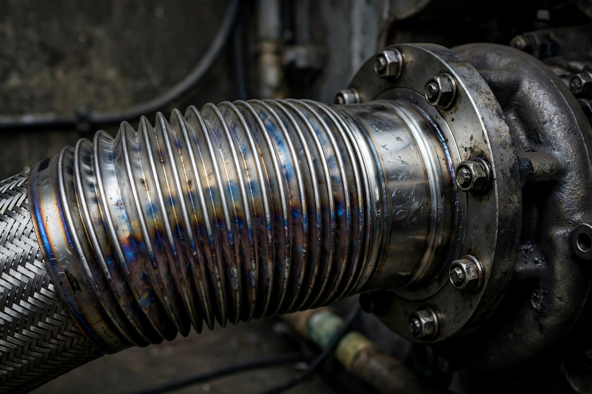 Close-up of a stainless flexible exhaust bellows connector bolted to a diesel engine turbocharger flange — documentary industrial photography