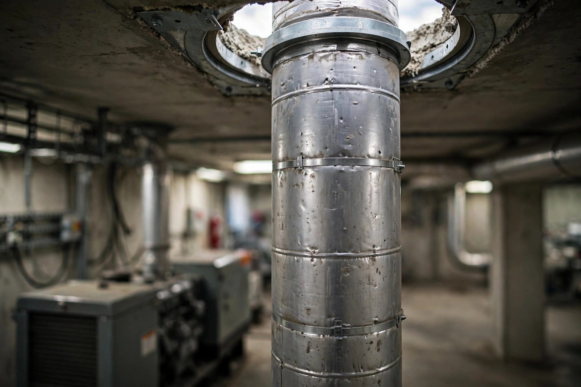 Insulated large-diameter exhaust pipe with metal cladding running vertically through a roof penetration in a generator room — documentary industrial photography