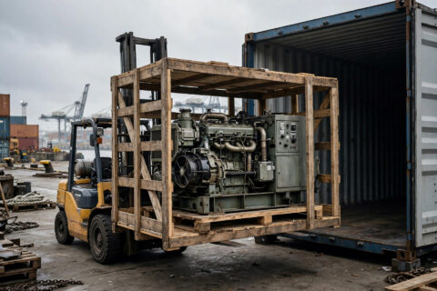 Wooden export crate with a diesel generator being loaded at a shipping port