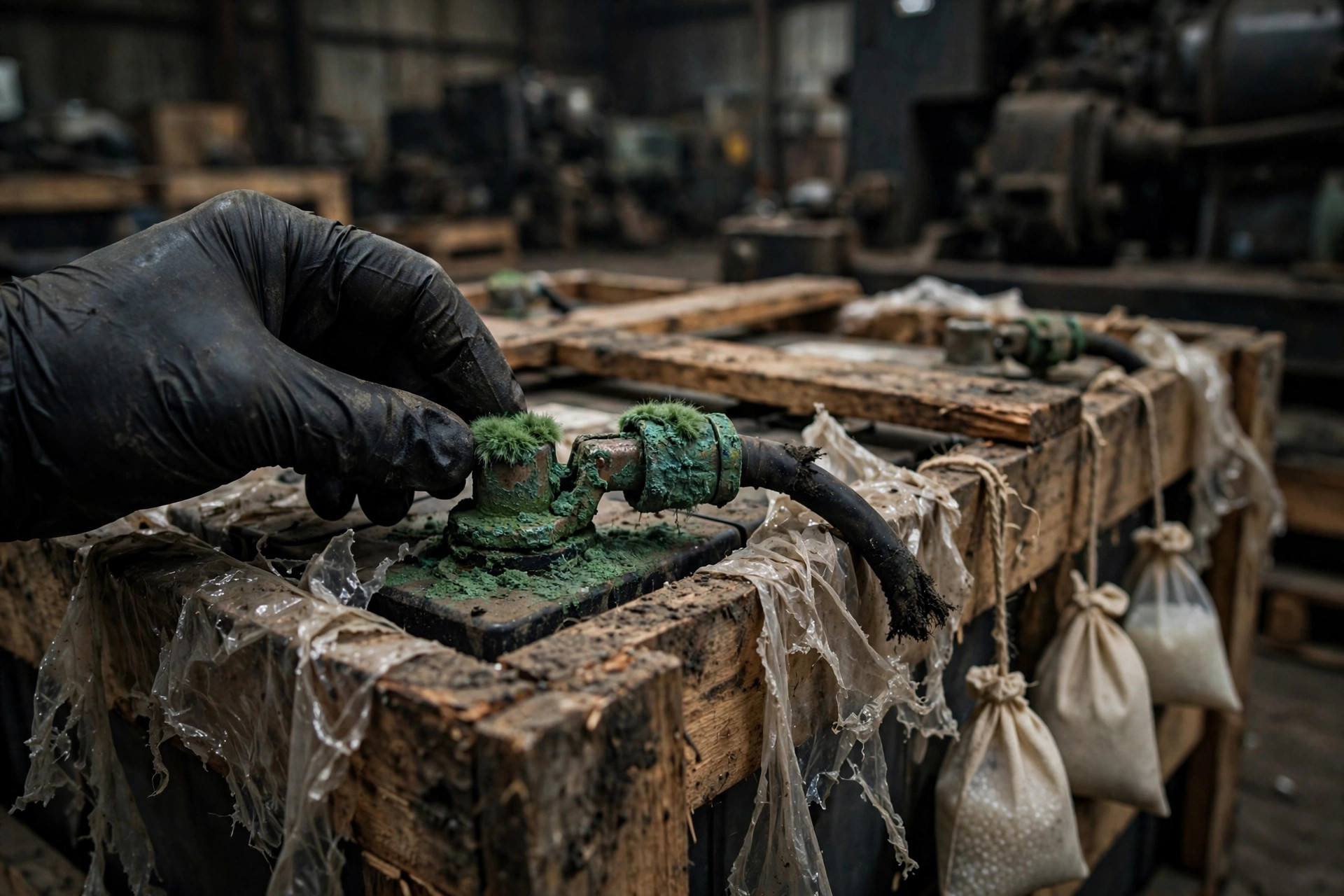 Corroded generator terminals inside a shipping crate after ocean freight