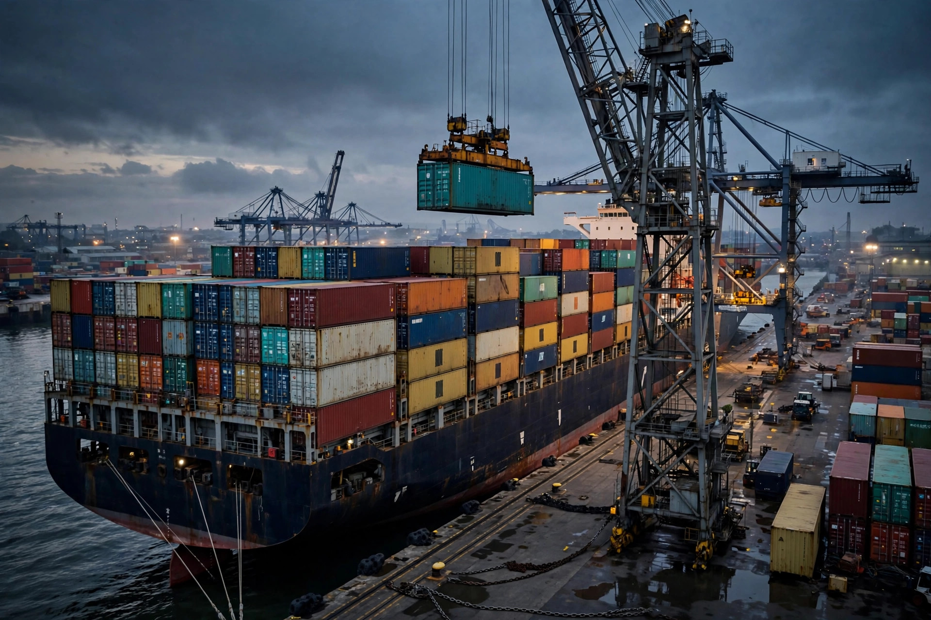 Cargo ship containers at a seaport at dusk