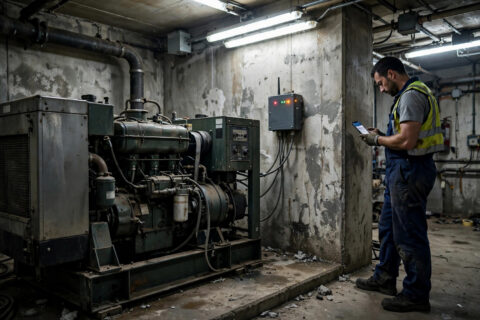 Technician checking remote monitoring alerts on a smartphone beside a diesel generator in a plant room