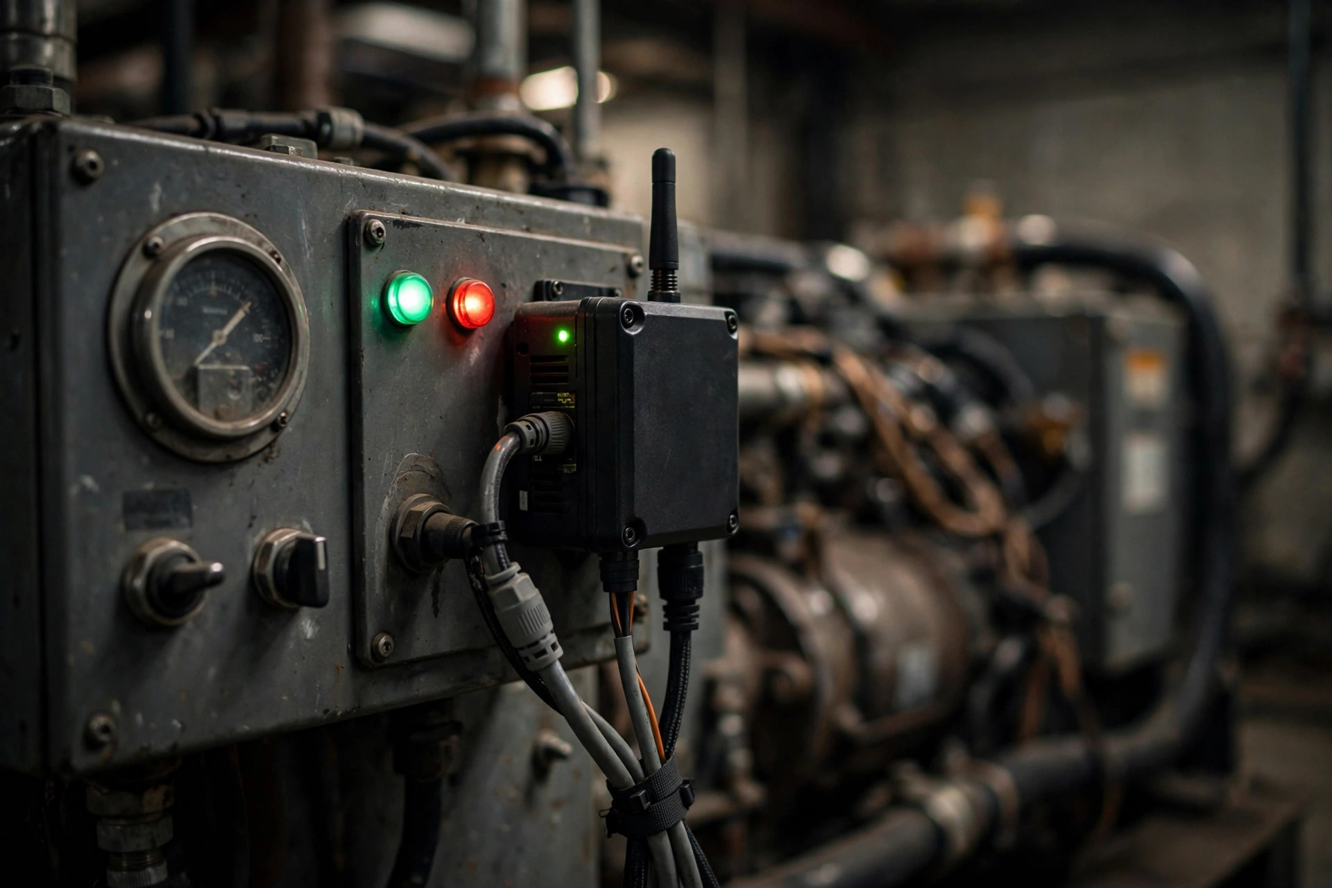 Remote monitoring IoT module wired into a diesel generator control panel with status lights