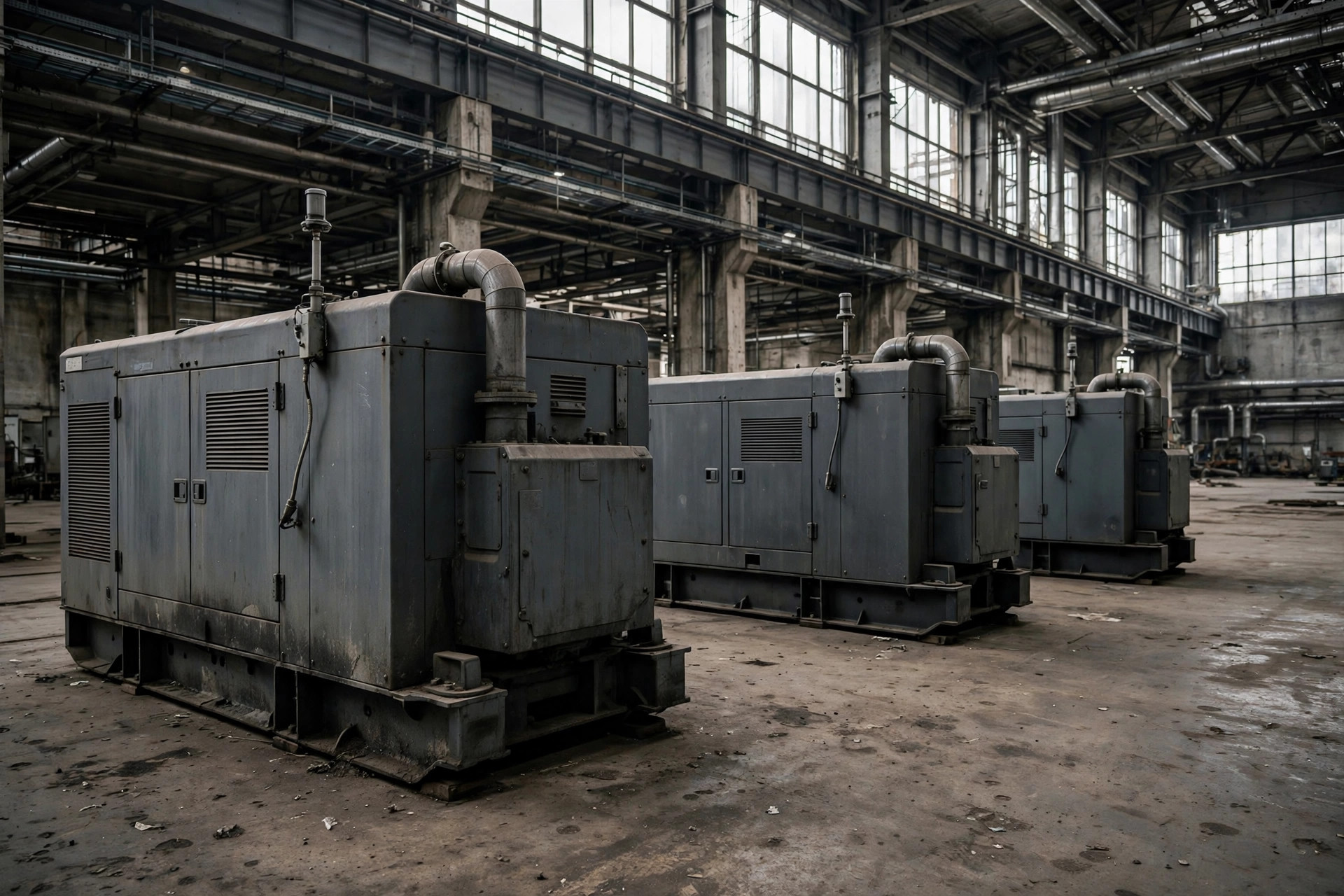 Row of diesel generator sets in an industrial power plant hall with remote monitoring antenna