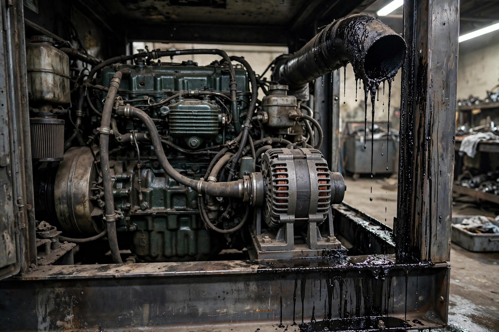Wet stacking carbon residue on a diesel generator exhaust at an EV charging site