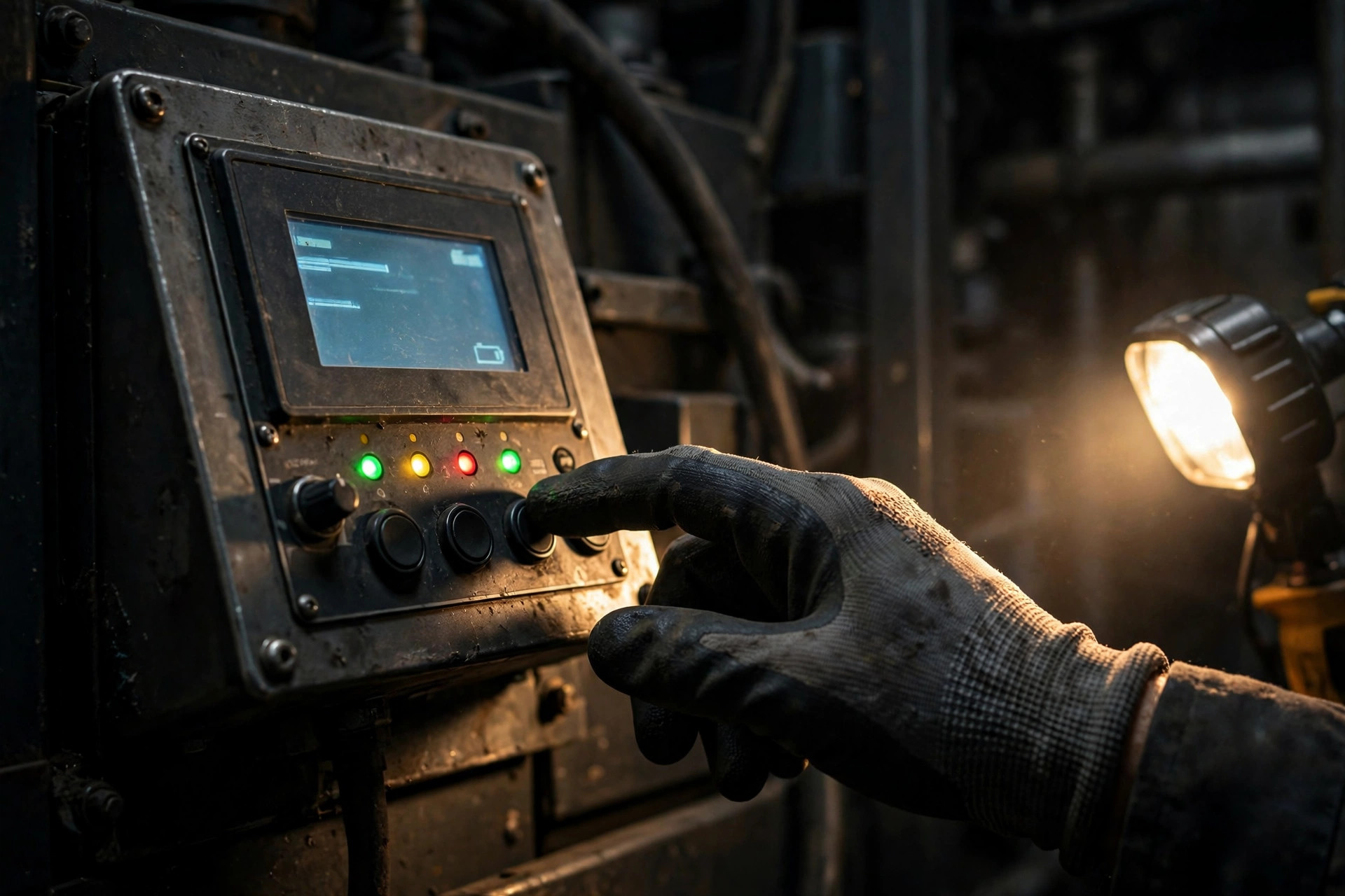 Technician checking the control panel of a diesel generator